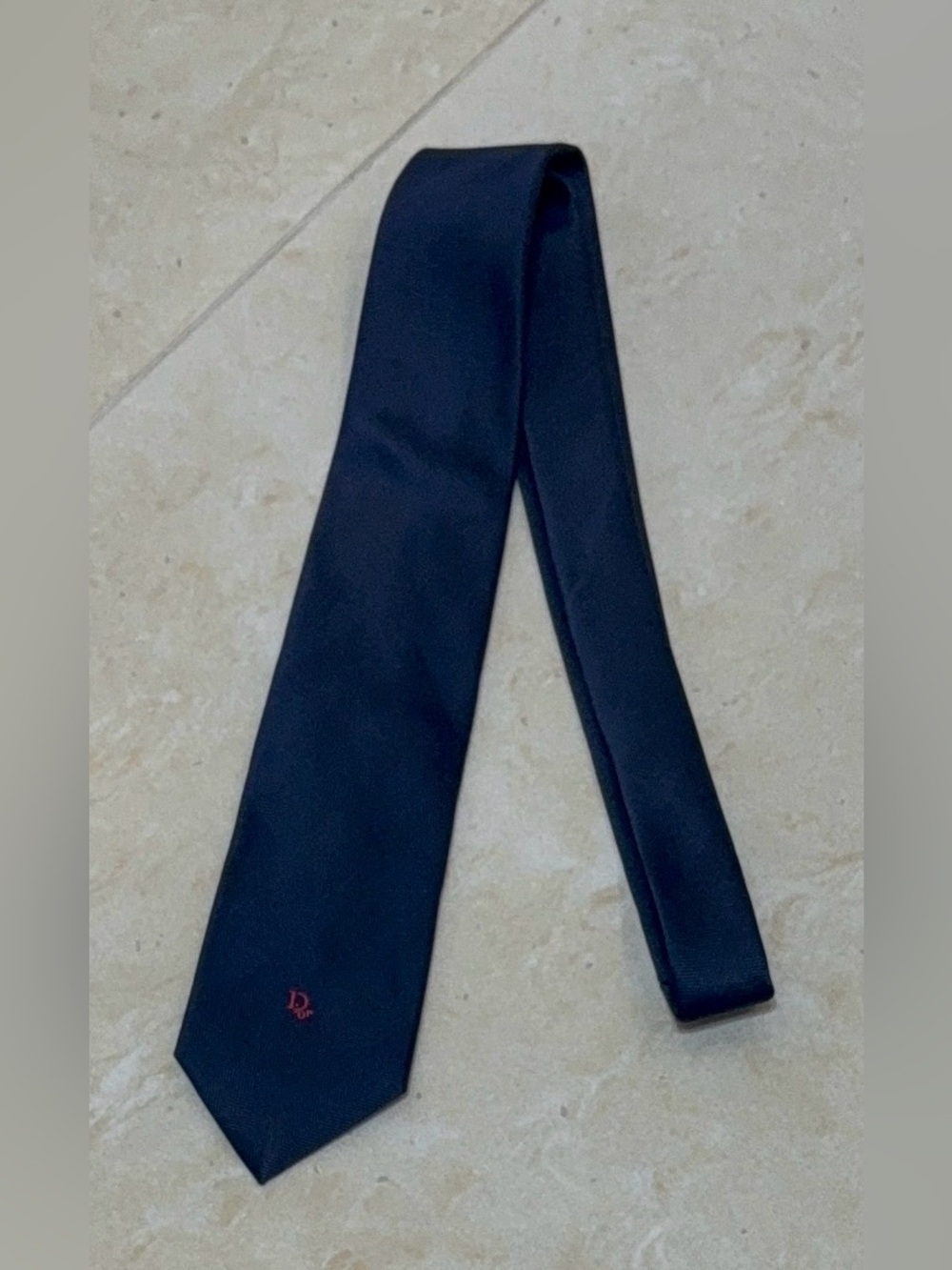 Cristian Dior Solid Navy Blue Silk Tie with Subtle Red Logo